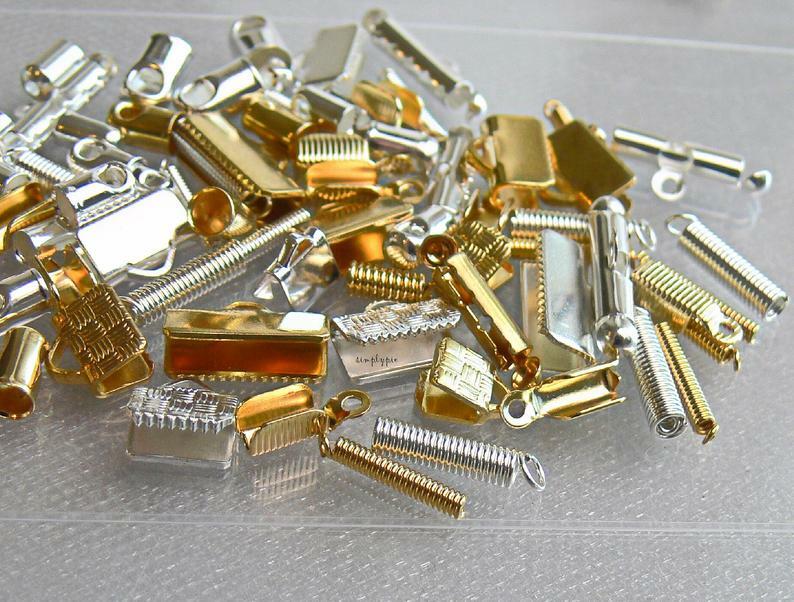Cord Ribbon Crimp End Mix 50 Pcs Coil Bar Glue-In Fold Over