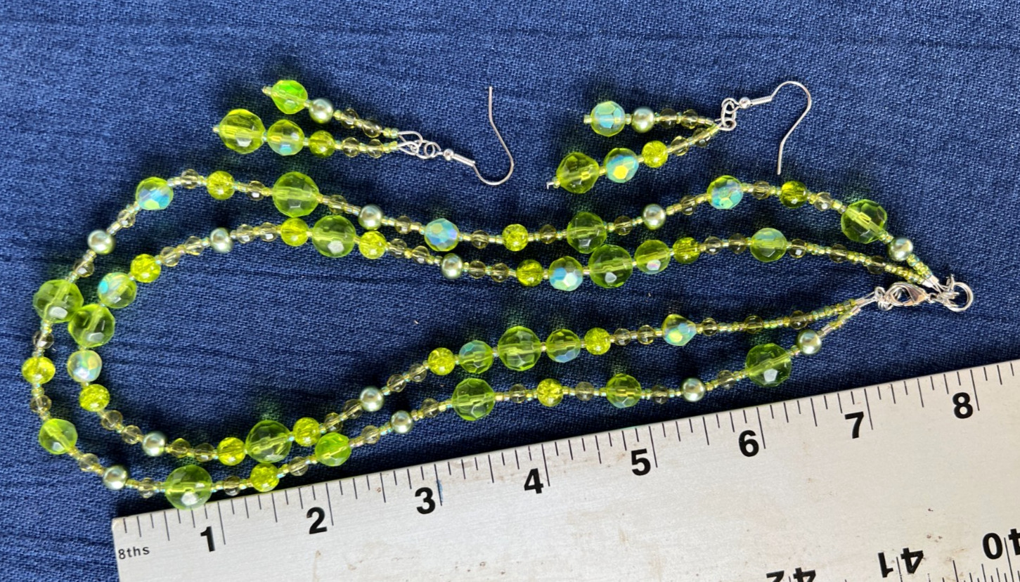 Beaded 2 Strand Necklace 17 1/2 Inches Dangle Earrings Glass Beads Pastel Green