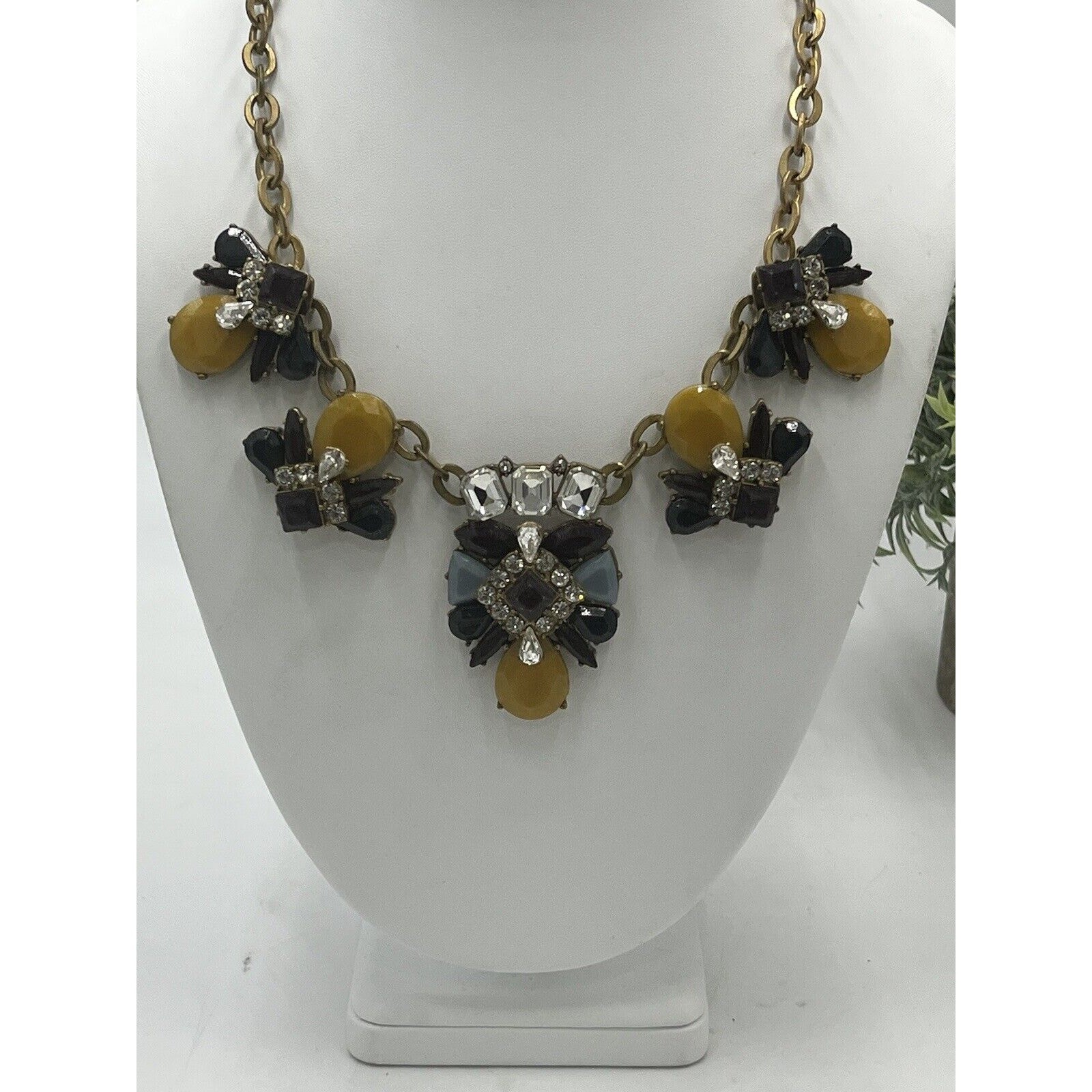 J. Crew Mustard Yellow Blue Eggplant Antique Gold Rhinestone Statement Necklace