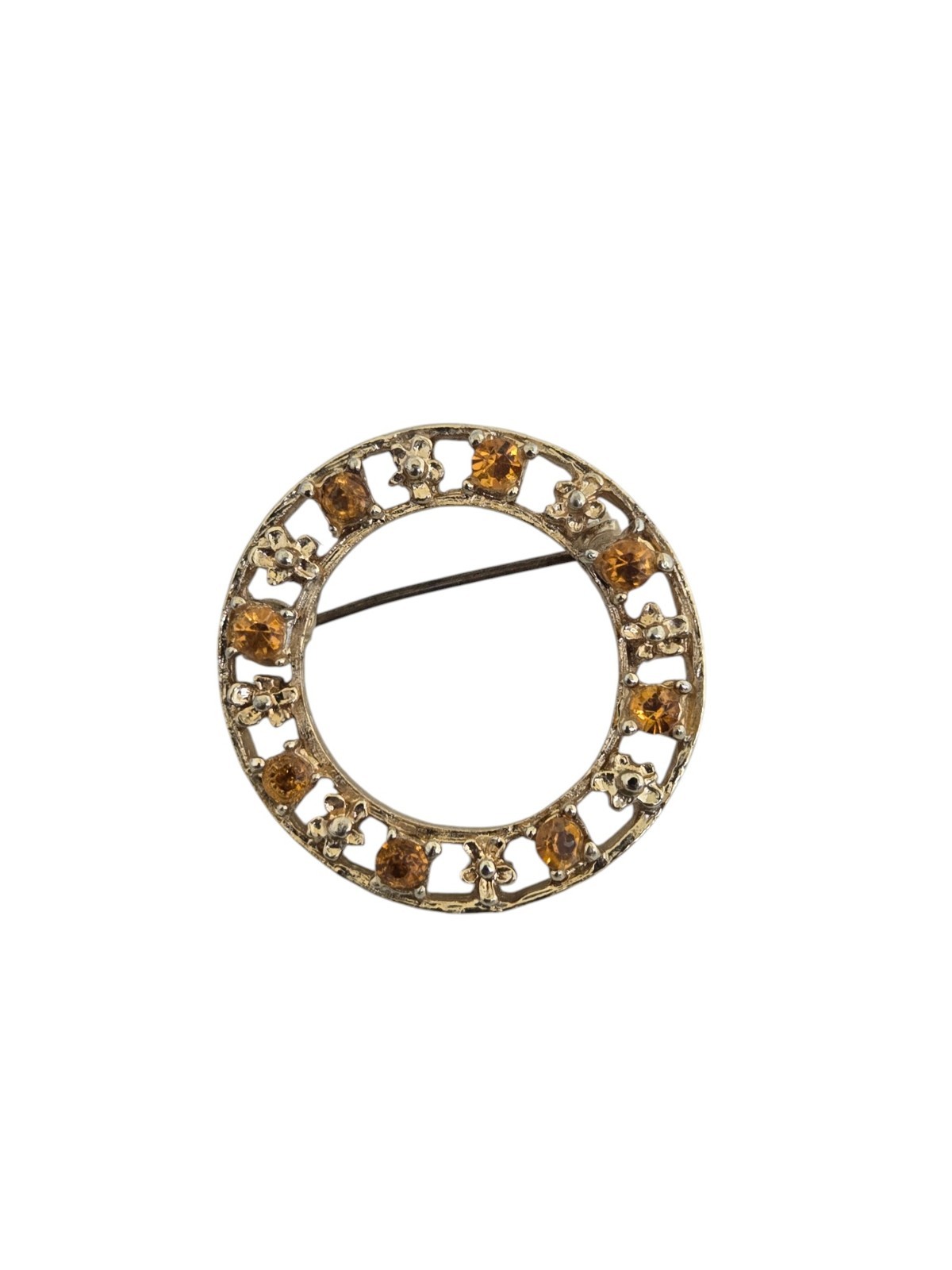 Vintage Gold Tone Openwork Brooch w/ Citrine Stones