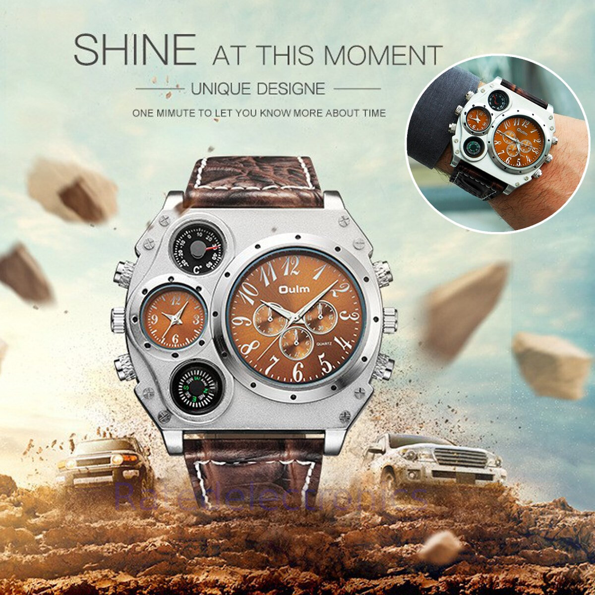 Men Army Sports Fashion Big Dial Leather Strap Quartz Wrist Watch Two Time Zone