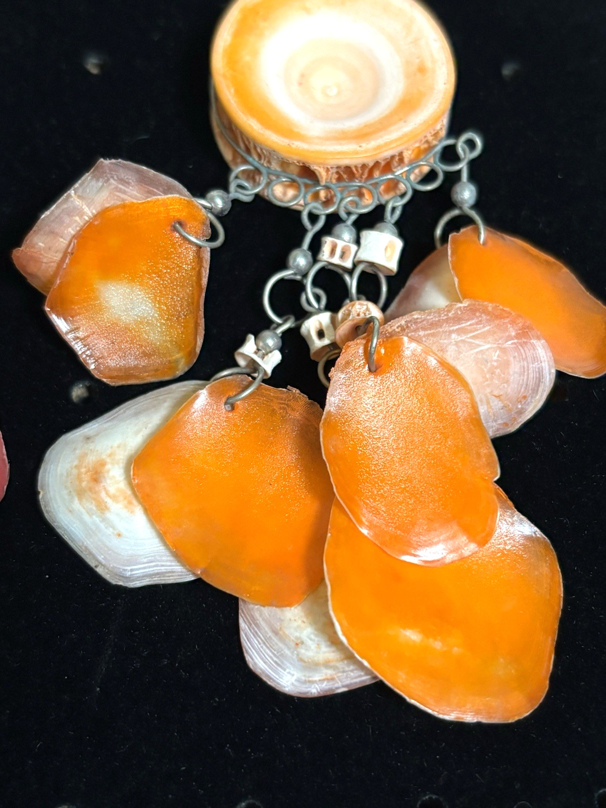 Shell Dangle Disc Fringe Hippie Boho Pink/Orange Silver Tone Earrings 3.75in