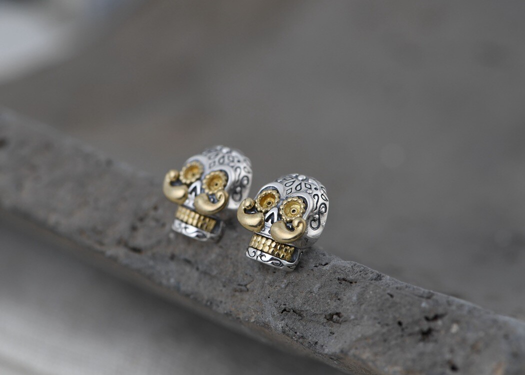 Sterling Silver Sugar Skull Earrings Copper Mustache Studs Day of Dead Jewelry