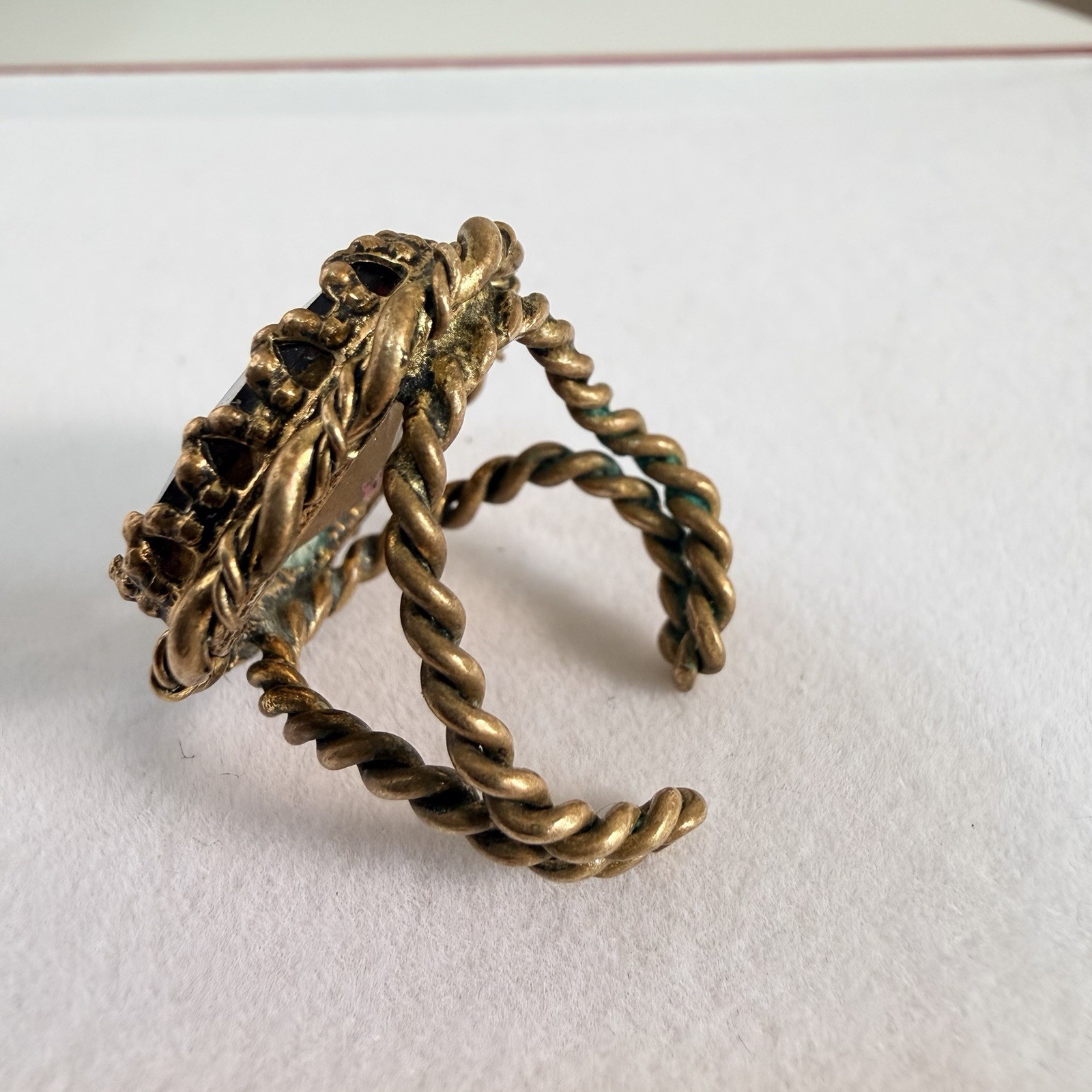 VTG West Germany Purple Porphyry Slag Glass Twisted Brass Shank Adjustable Ring
