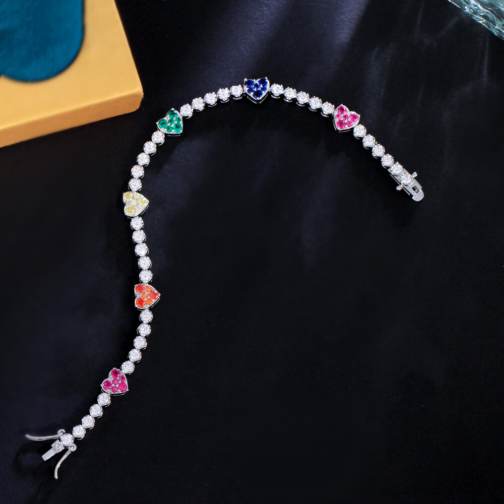Trendy Silver Plated Round Cubic Zirconia Tennis Heart Bangle Bracelet for Women