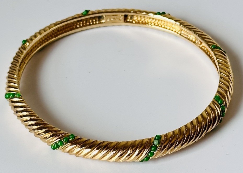 Vintage Marcel Boucher Bracelet Bangle 7511 Gold Swirl Ribbed Green Stones