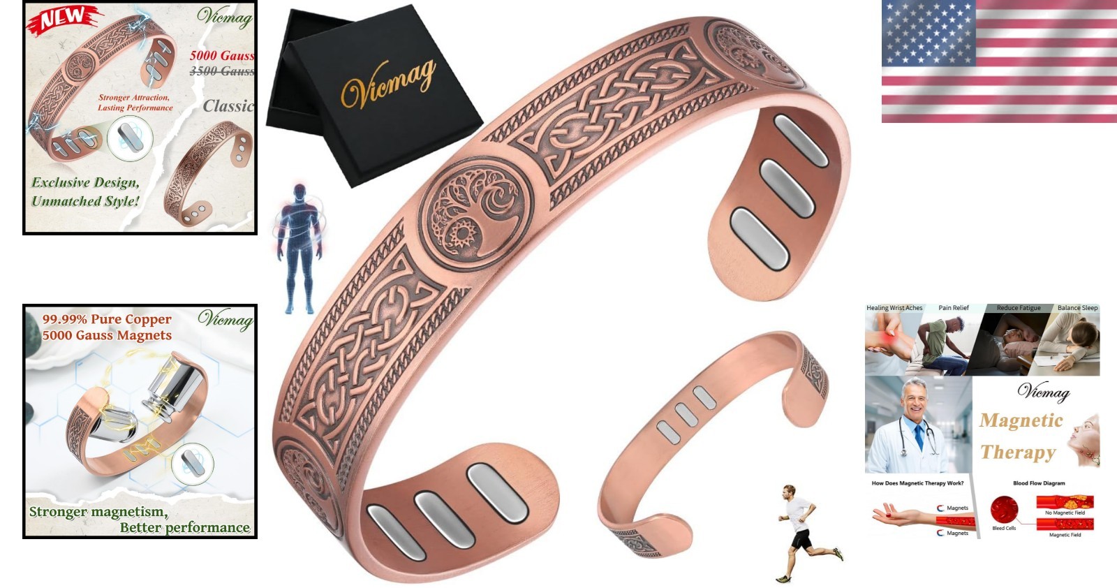 Adjustable 99% Pure Copper Bracelet for Men – Viking & Sun Moon Tree Design