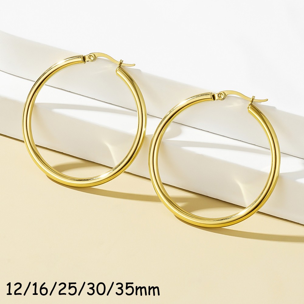 14K Real Solid Yellow Gold Shiny Polished Round Creole Hoop Earrings All Sizes