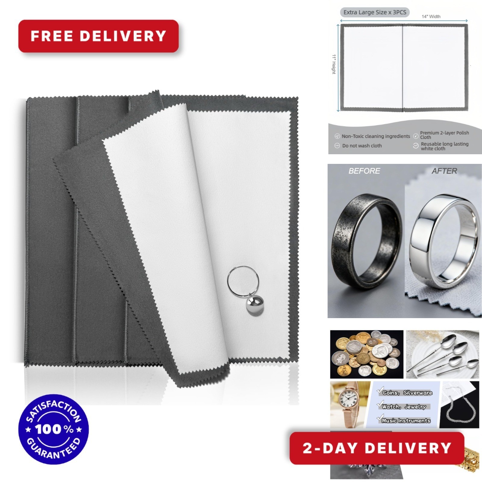 3PCS Gavaeu Silver Polishing Cloths – X-Large Jewelry Cleaning Cloths