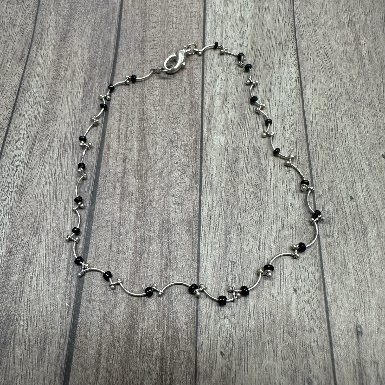 Silver Black Bead Curve Link Anklet 9.5 In B9