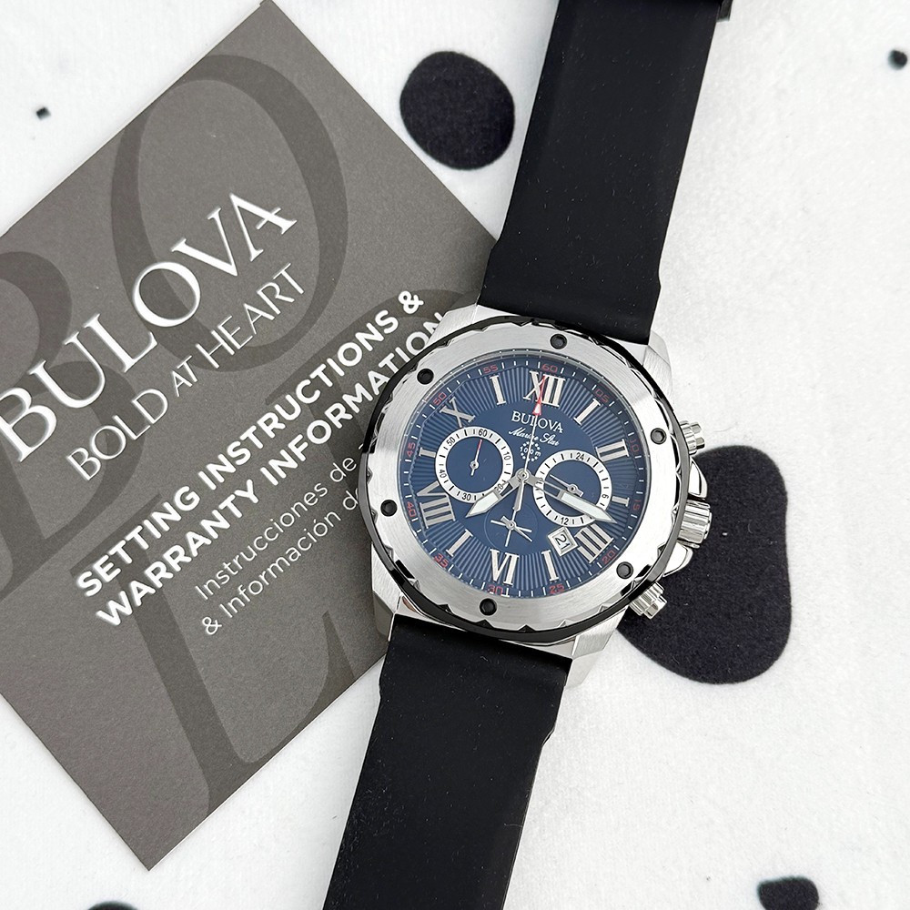 Bulova 98B258 Marine Star Men’s 44mm Blue Dial Rubber Strap Quartz Watch