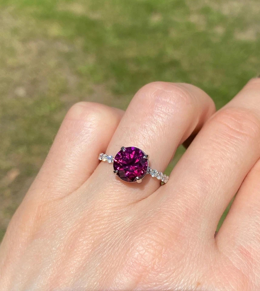 2.73Ct Round Natural Rhodolite Diamond Bridal Wedding Ring 950 Platinum Size 6 7