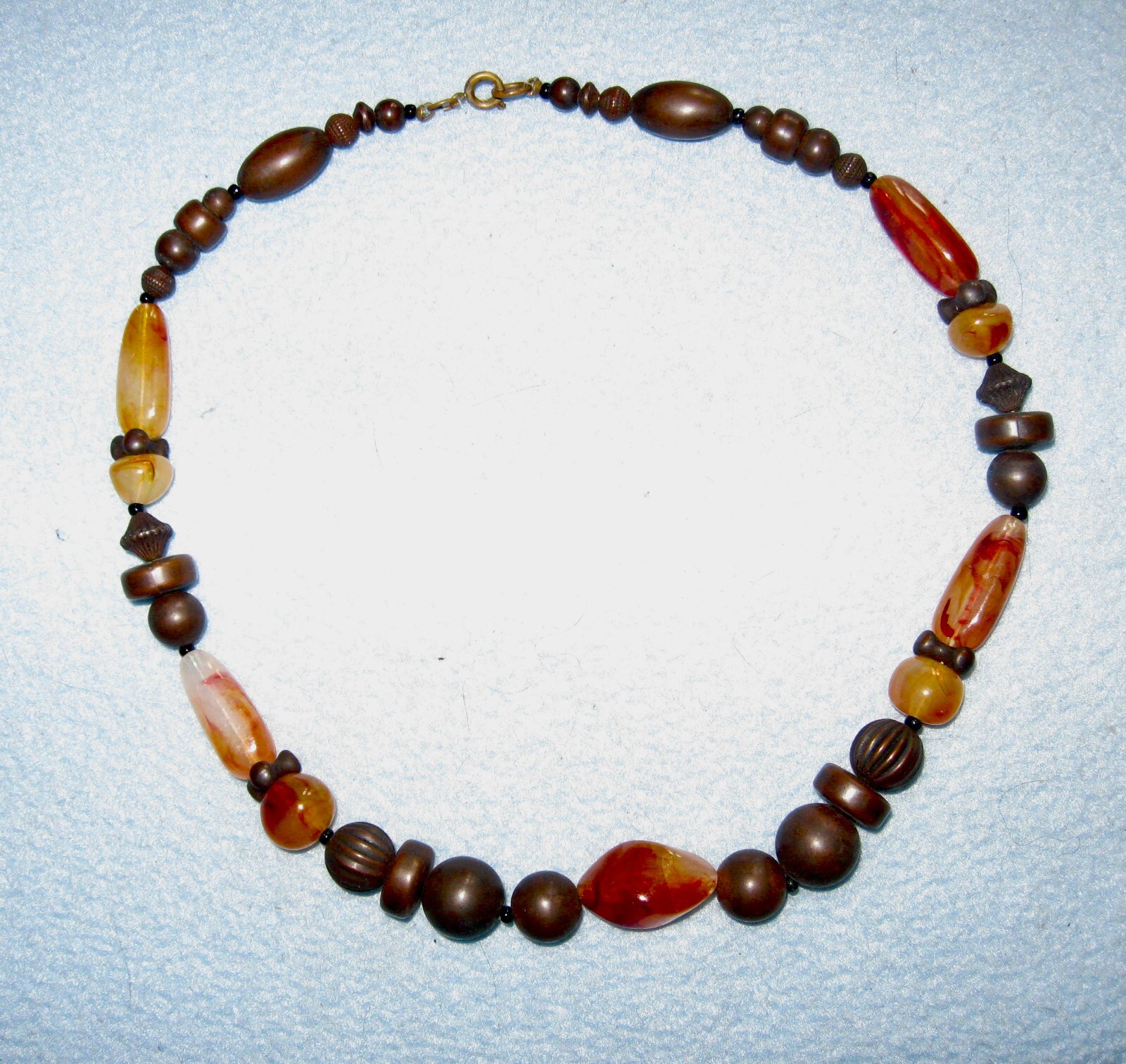Choker Orange & Brown Beads Spring Ring Clasp; 6″ Diam or 9″ Drop; Quartz?