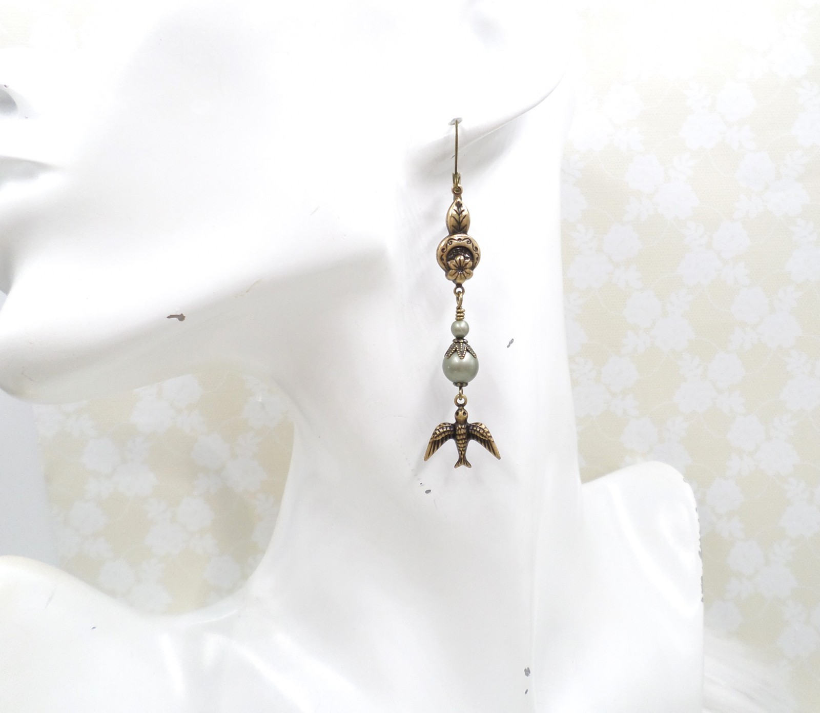 Brass Bird Earrings: Sage Green Pearl Floral Cottagecore Handmade Dangle Jewelry