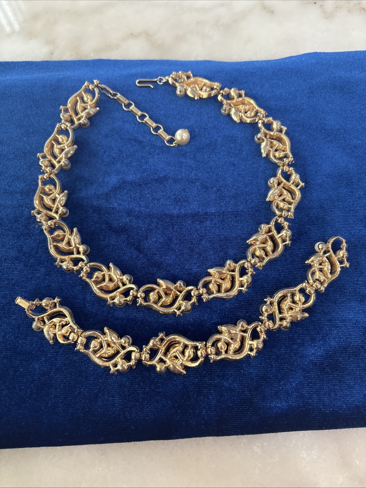 Vintage Midcentury Jewelry Set Signed Trifari. Goldtone, Faux Pearl & Rhinestone