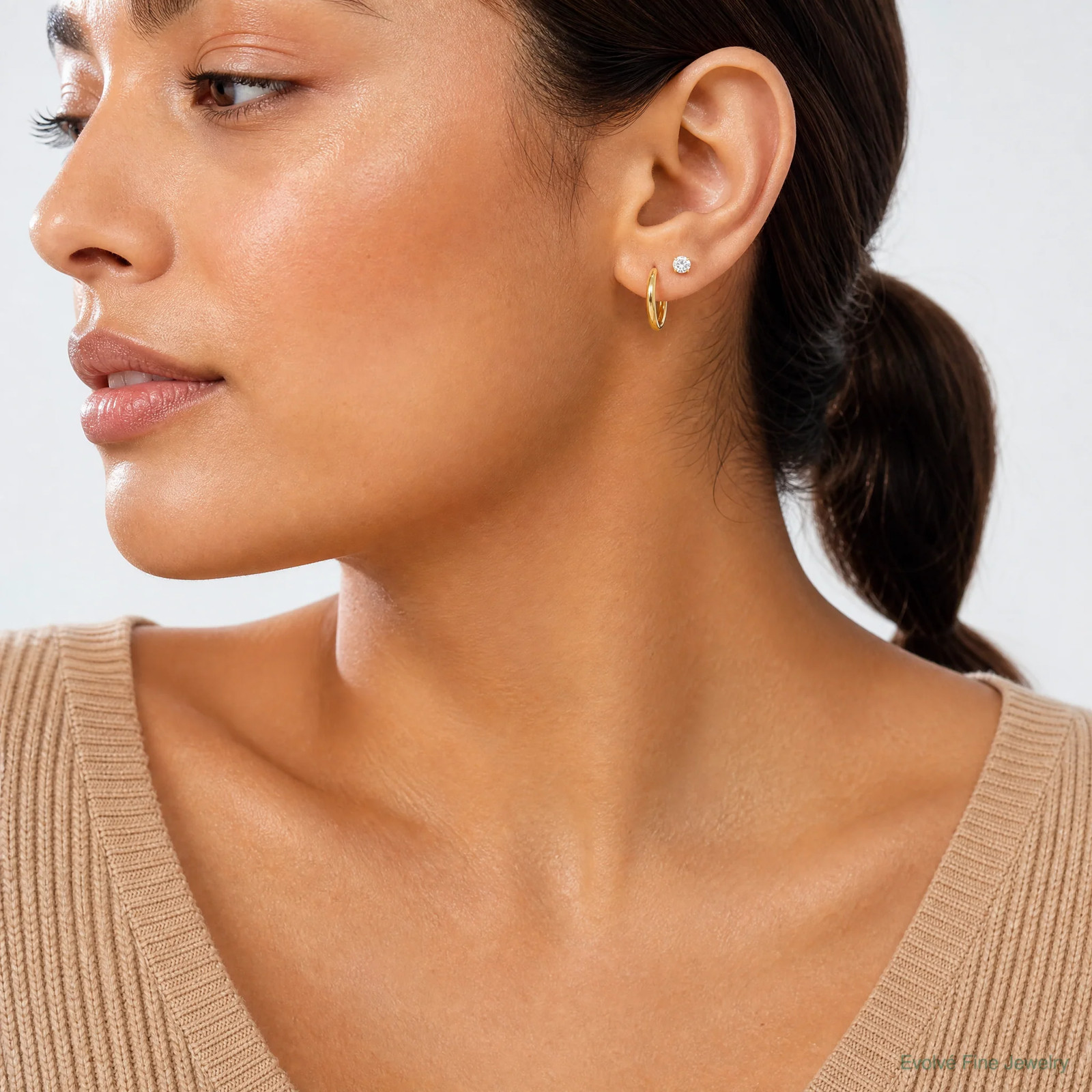 14K Yellow Gold Polished CZ Studs And Small Endless Hoop Earring Set