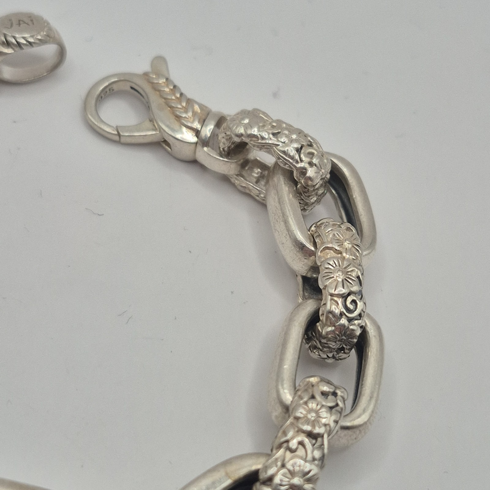 JAI Sterling Silver Chain Curb Link 44g Floral Link Motif Bracelet 925 6.75″