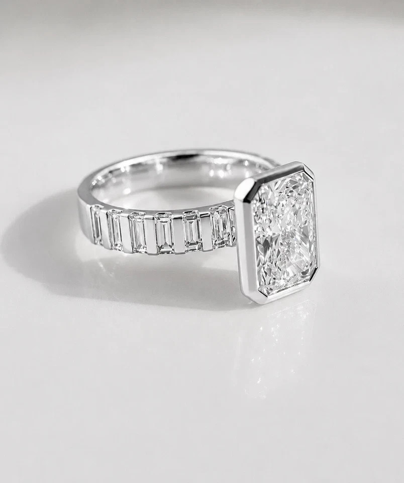5.35 Ct Radiant EF/VS1 Lab Grown Diamond Bezel Wedding Ring 14k White Gold IGI