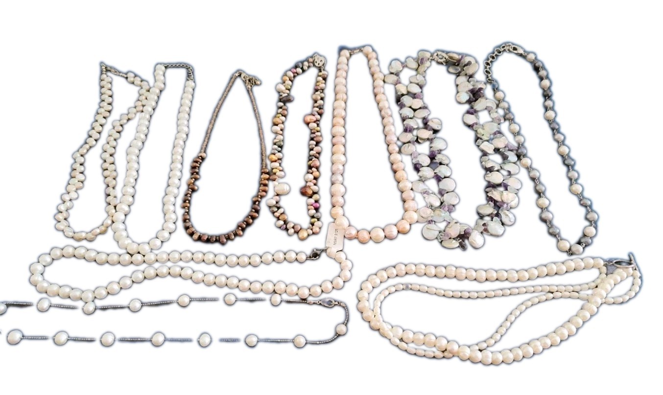 Lot 10 Assorted Genuine Pearl Necklaces – White Gray Brown – 2 With 925 Clasps