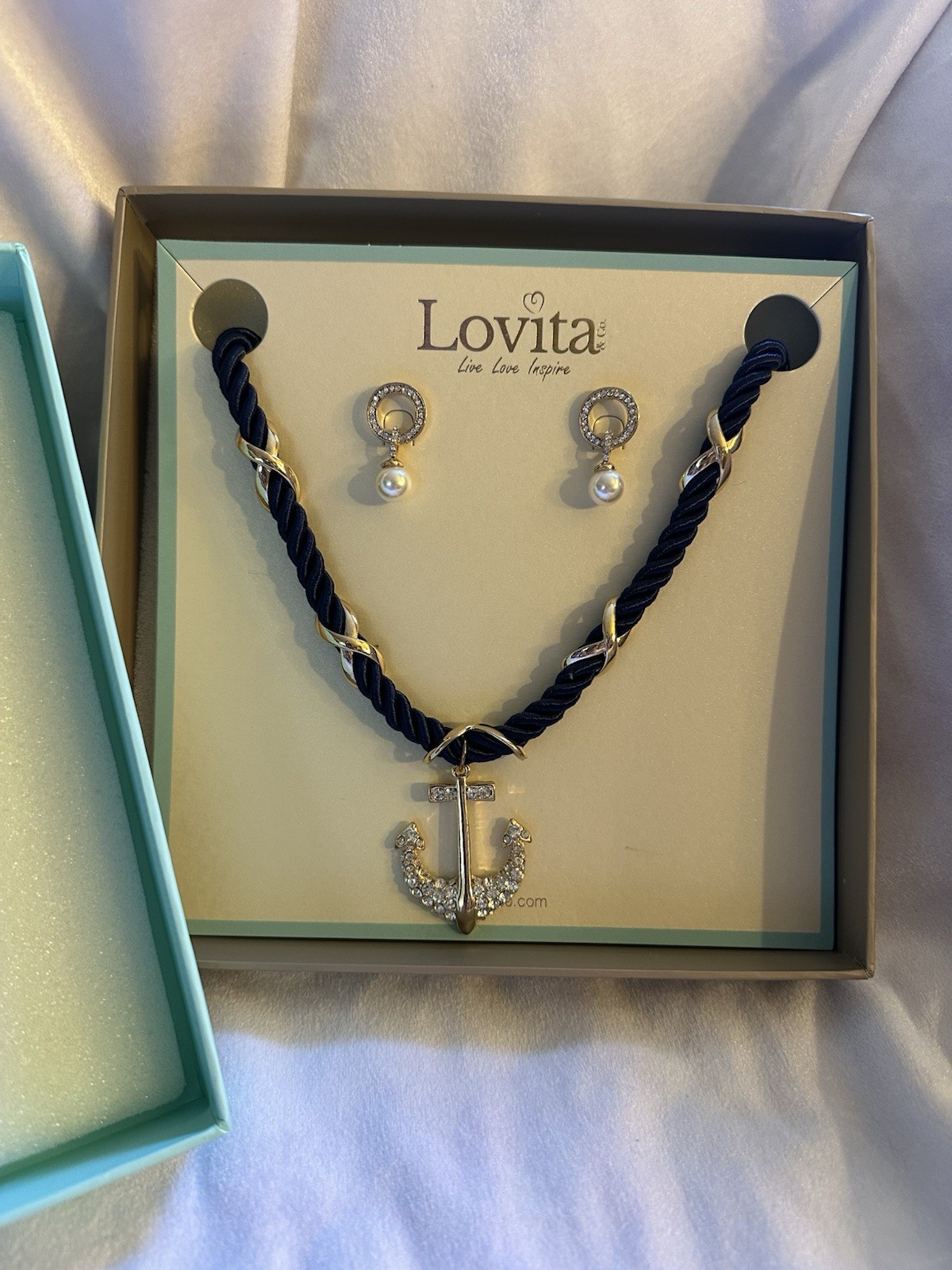 Lovita Jewelry Set Necklace Earrings Nautical Anchor Blue Rope Crystal Pearl