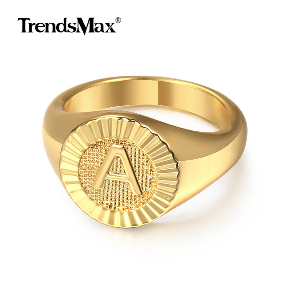 Gold Plated Monogram Letter A-Z Signet Ring Initial Alphabet Knuckle US Size 7