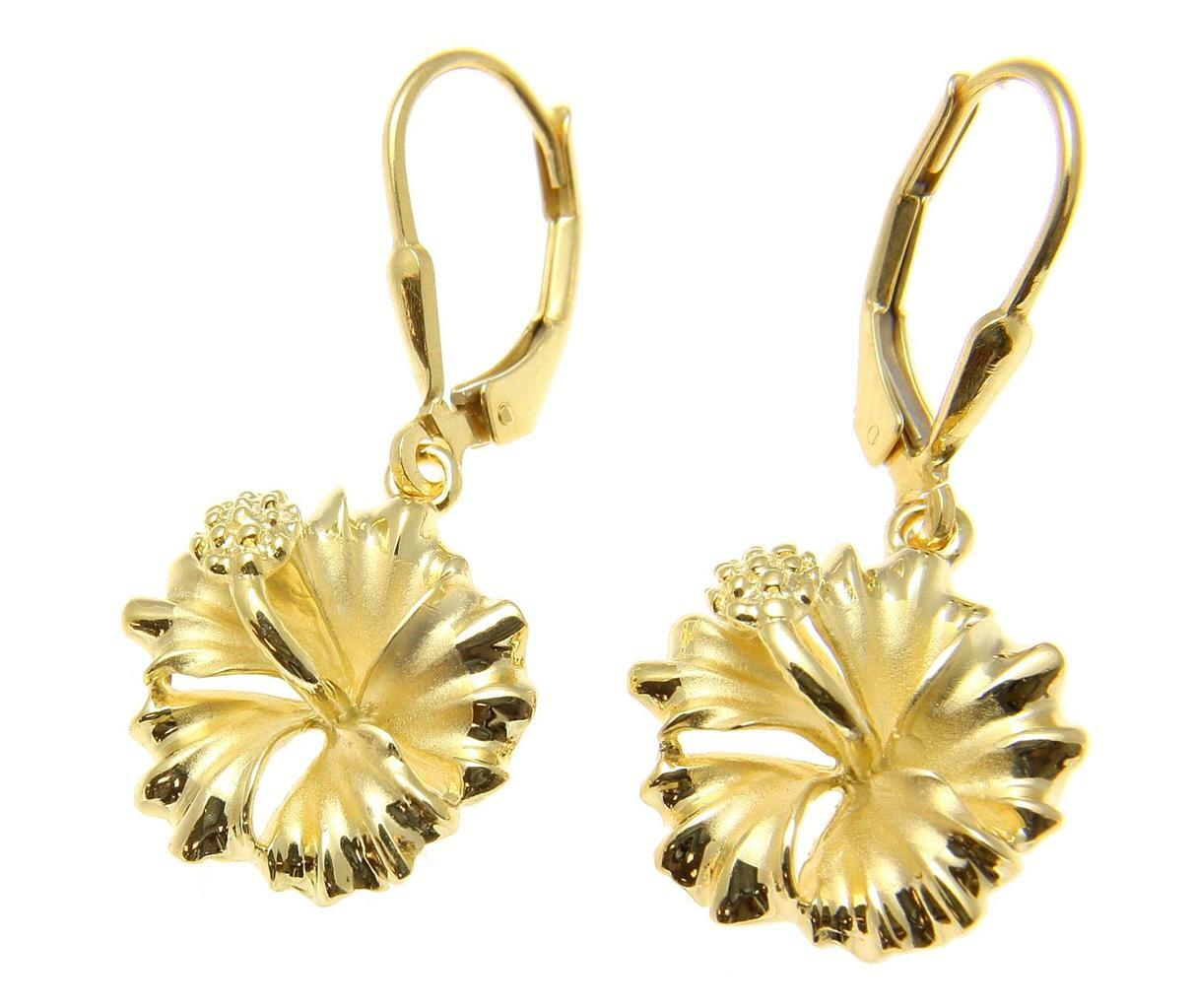 YELLOW GOLD PLATED SILVER 925 HAWAIIAN HIBISCUS LEVERBACK EARRINGS 10MM-15MM