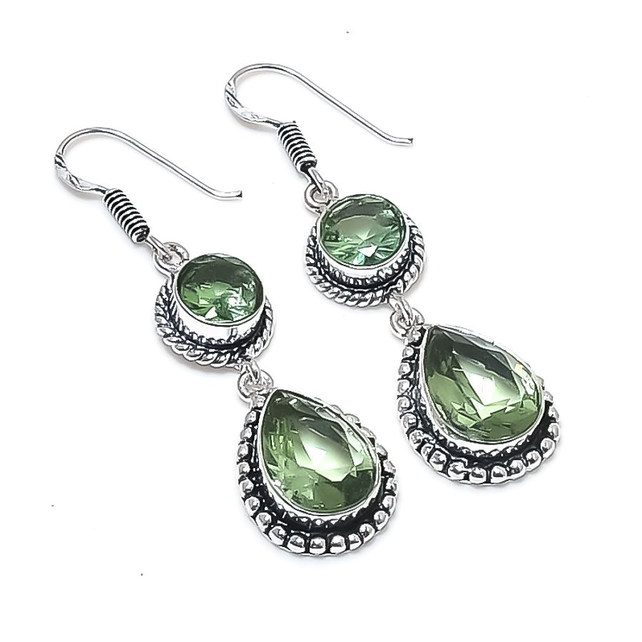 Green Amethyst Handmade Gemstone 925 Sterling Silver Jewelry Earring Size 2″