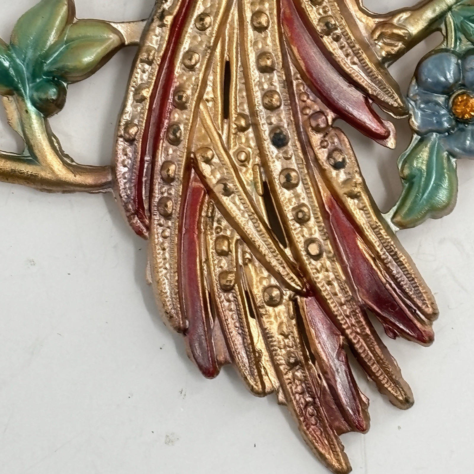 Vintage Pot Metal and Enamel Brooch Pin Exotic Bird Flowers Tropical Paradise