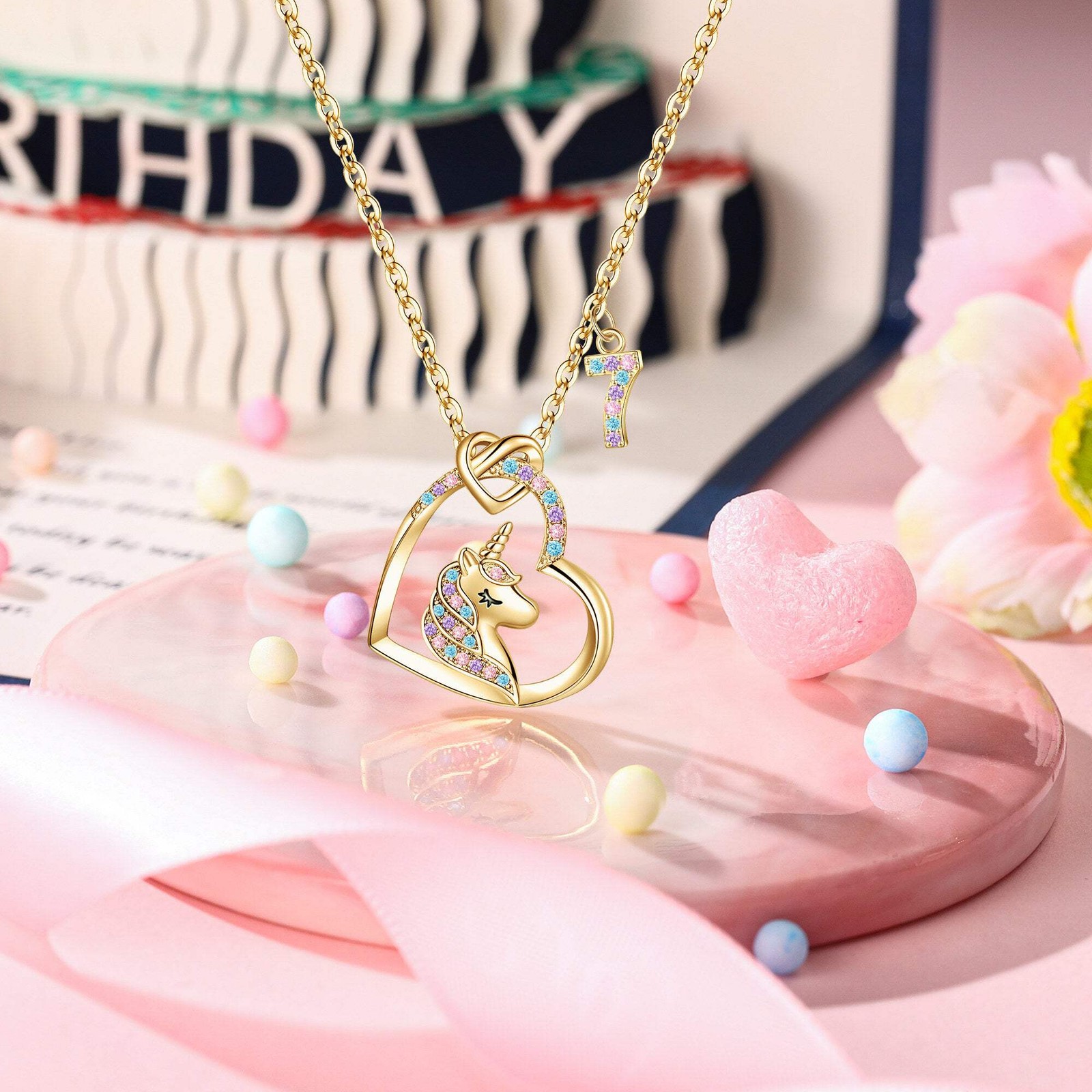 Turandoss Gold Heart Zircon Unicorn Necklace for Kids 3-8 Year Old, 18+2.5In