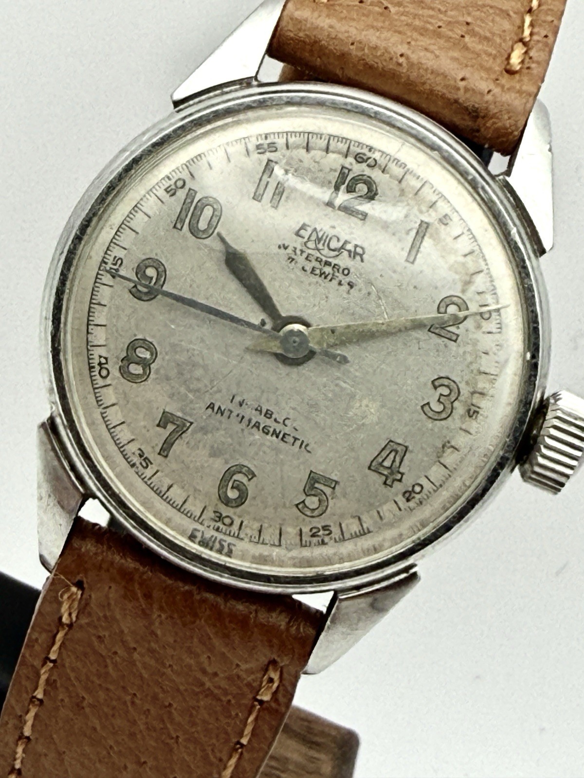 Enicar Waterpro Vintage Swiss Manual Wind 17J Silver Dial Steel Leather 29mm