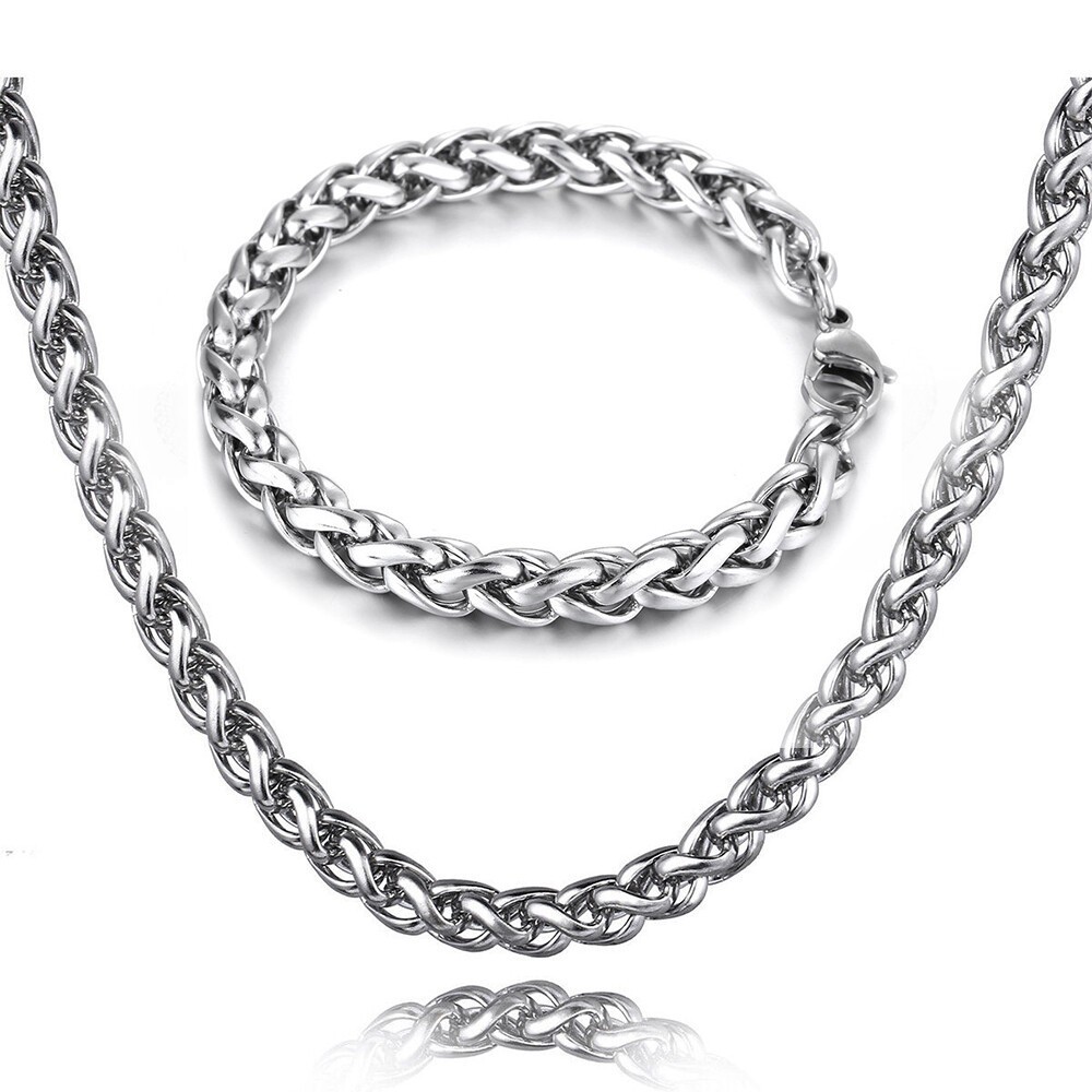 8mm Men’s Bracelet Necklace Set Stainless Steel Braided Wheat Chain Link 8-24in