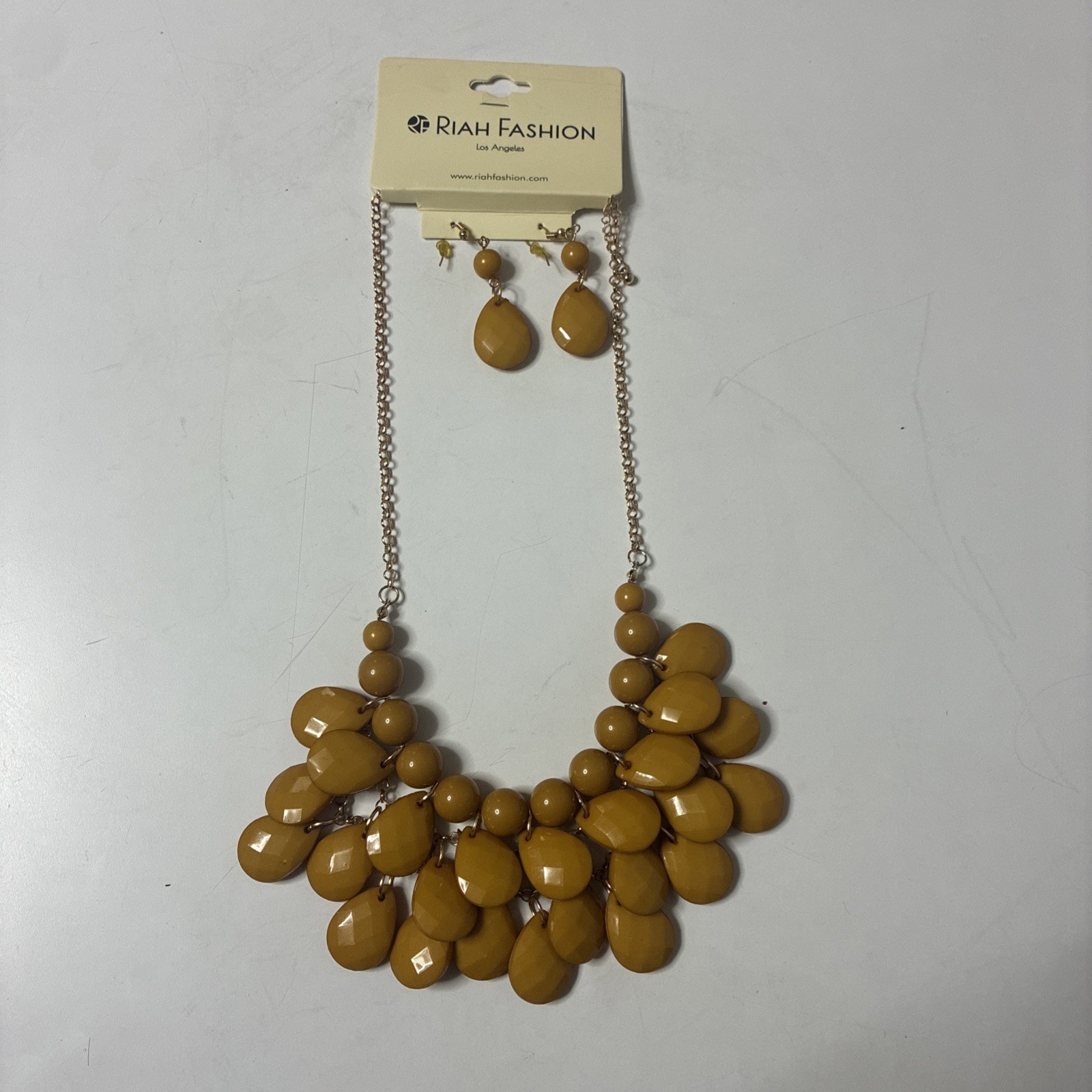 Riah Fashion Chunky Beaded Necklace Dangle Earrings Set Mustard Yellow