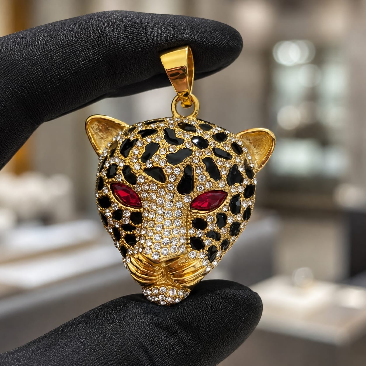 Iced Out Leopard Head Pendant Silver Stainless Steel Blue Red Green Eyes