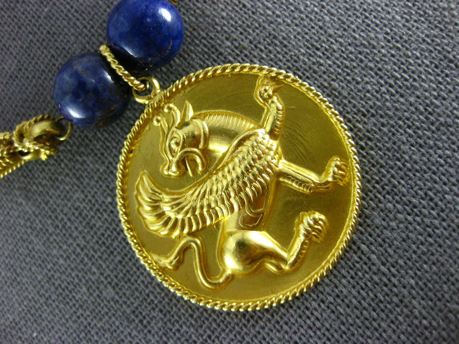 ESTATE LARGE AAA LAPIS 18KT YELLOW GOLD 3D CLASSIC FILIGREE DRAGON FUN NECKLACE