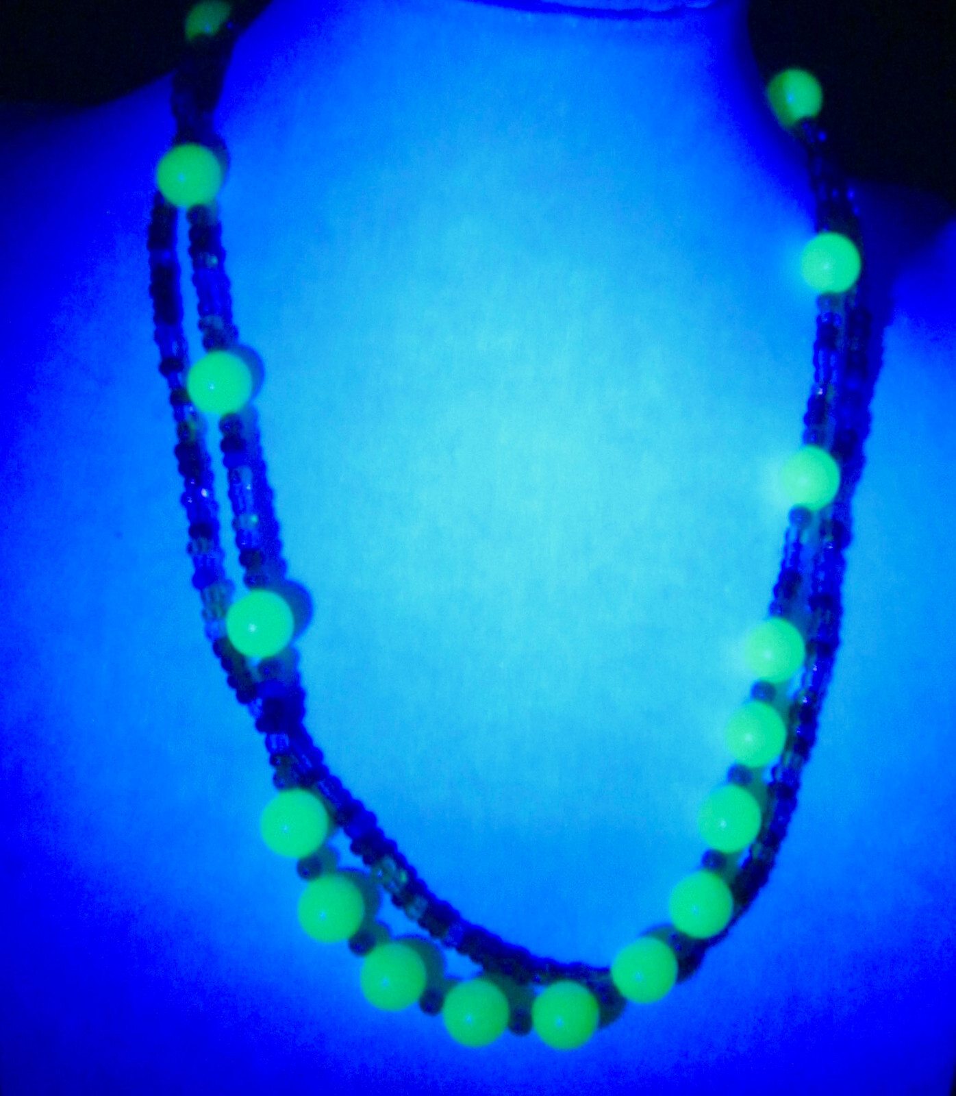 19 1/2″ Green Beaded Necklace Two Strands – One Uranium Glass, One Seed Beads