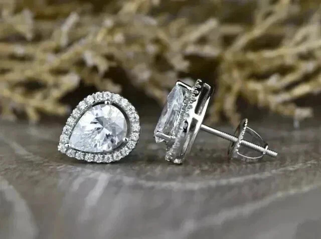2Ct Pear Cut Lab Created Diamond Womens Stud Earrings 14k White Gold Plated