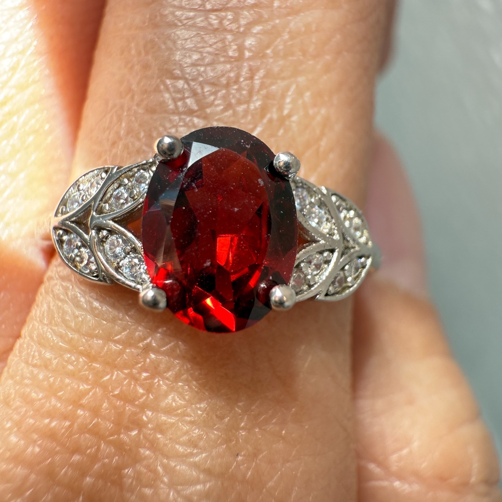 925 Sterling Silver Ring 8x6mm Natural Rhodolite Garnet Gemstone Zircon Flower