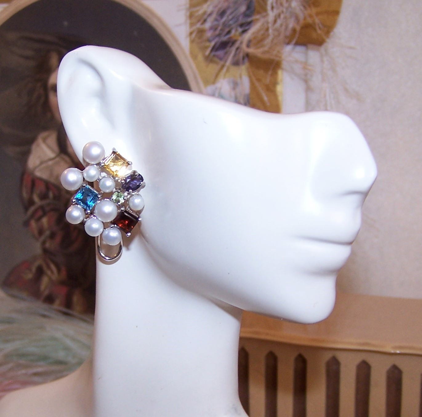 ROSS SIMONS Sterling Silver Cultured Pearl and Multi Gemstone Earrings