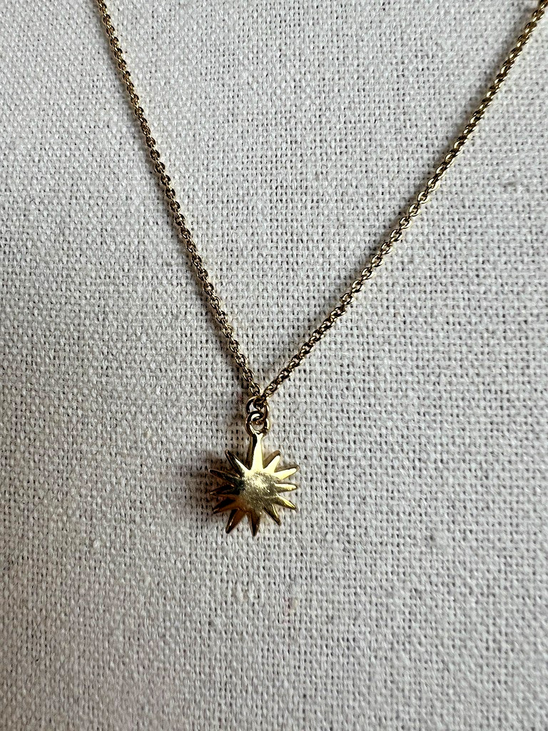 Alexa’s Angels Gold Tone Necklace Sunburst Charm Crystal Dainty Minimalist 17″