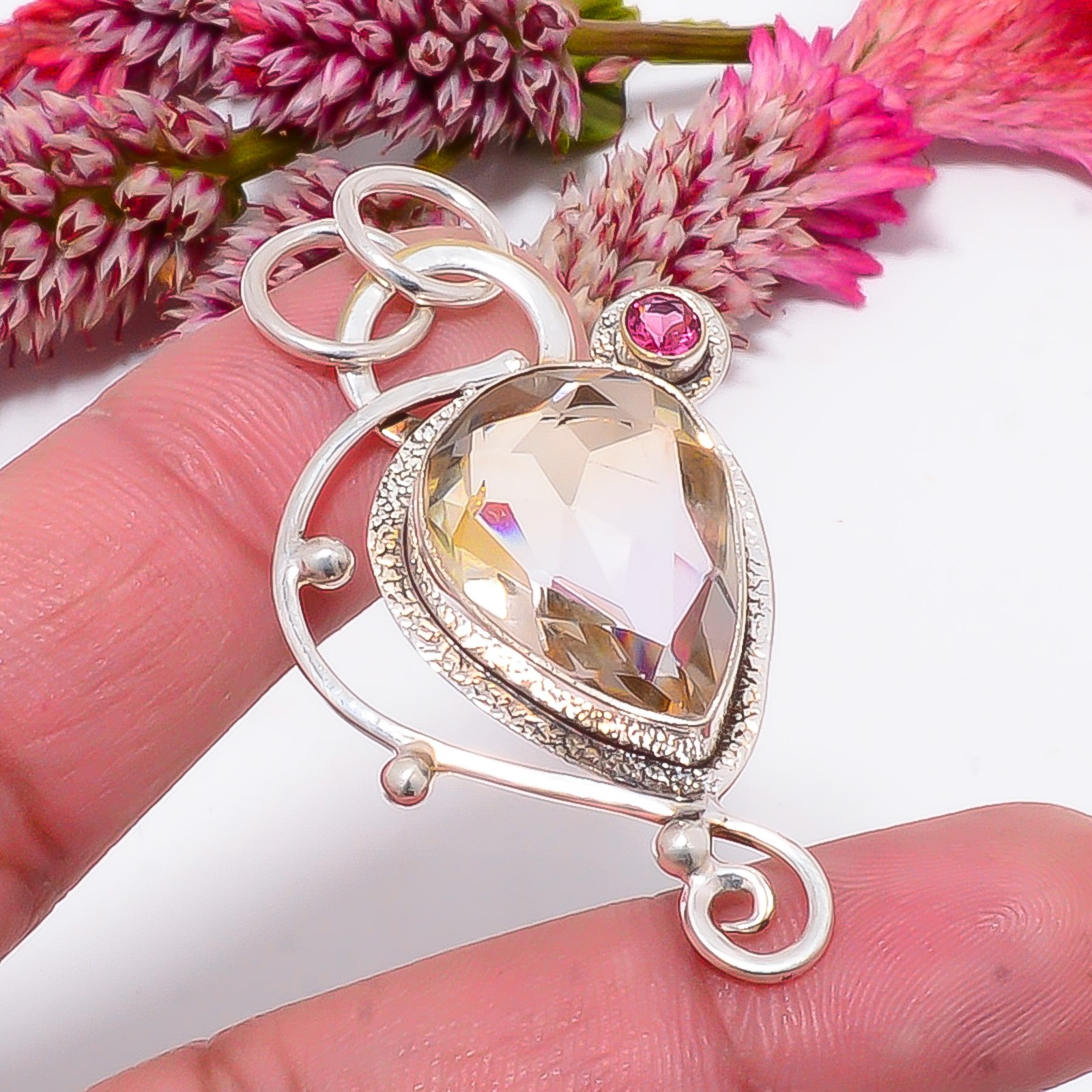 Morganite & Pink Rubellite Tourmaline 925 Sterling Silver Pendant 2.03″ sku62