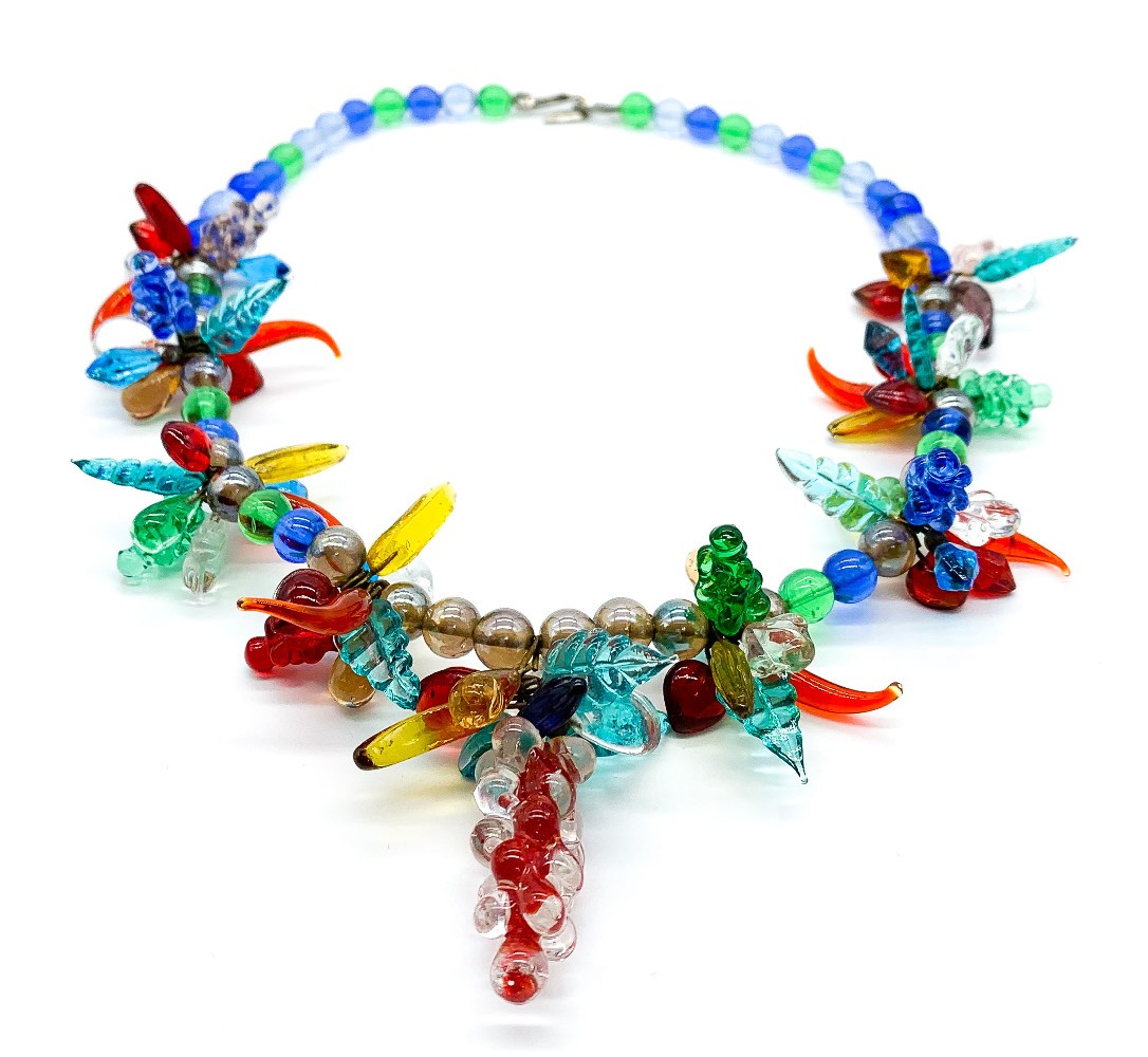 Vintage Mid Century Tutti Fruitti Tropicana Molded Art Glass Bead Necklace 18″