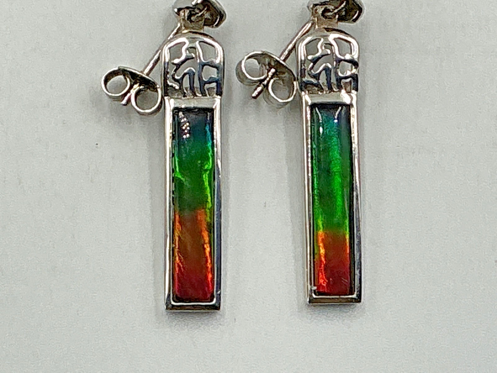 Multi-colour 3x1cm Korite Brand Ammolite set in Silver Earring with post backing