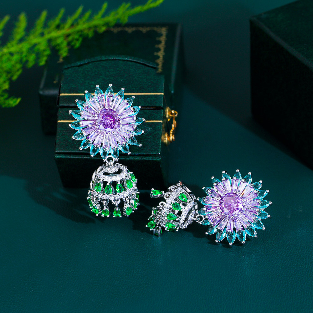 Silver Plated Green Purple Flower Tassel Dangle Earrings Women Zirconia Jewelry