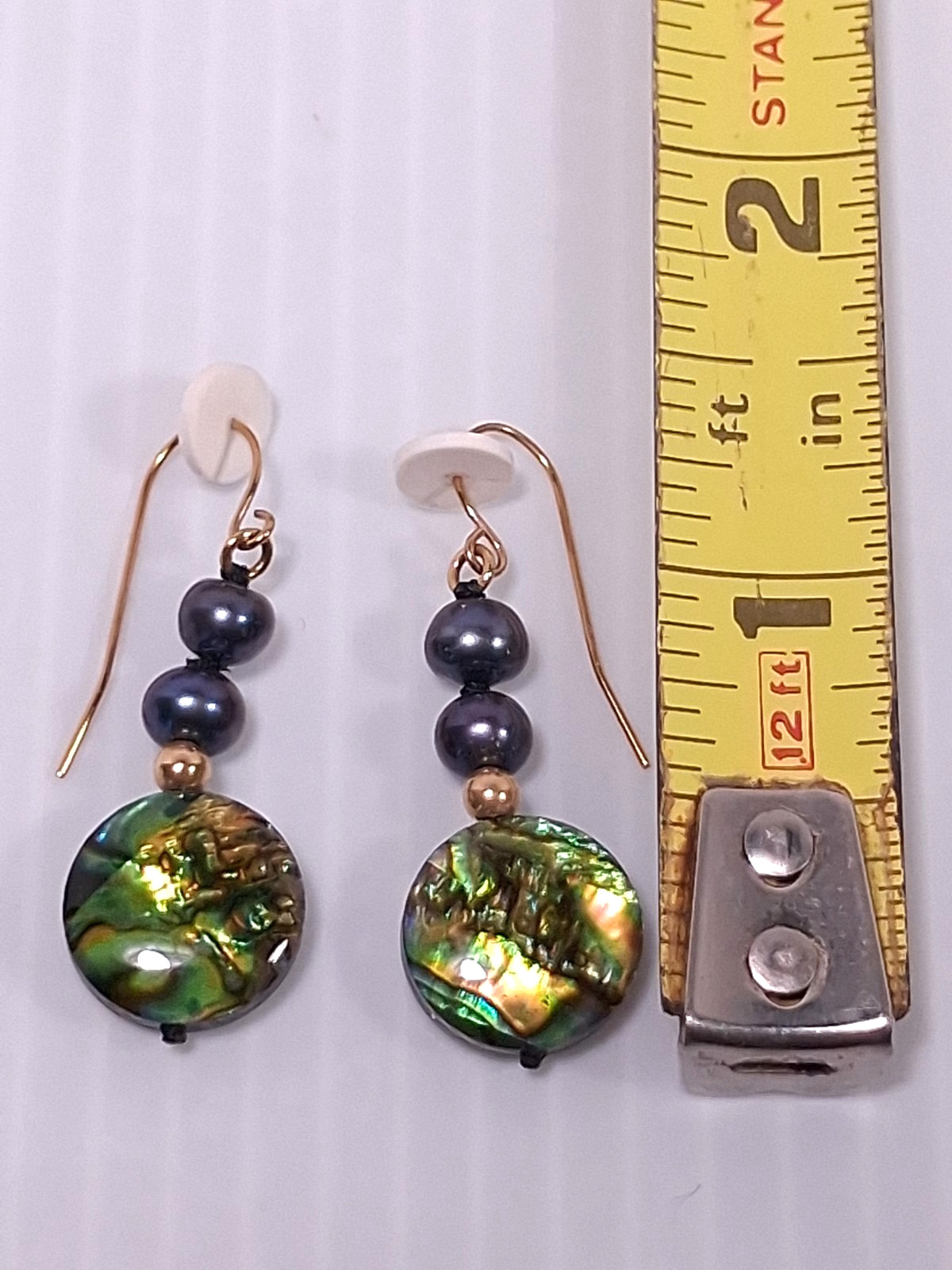Pair 10k Yellow Gold Paua Shell Freshwater Tahetian Black Pearls Dangle Earrings