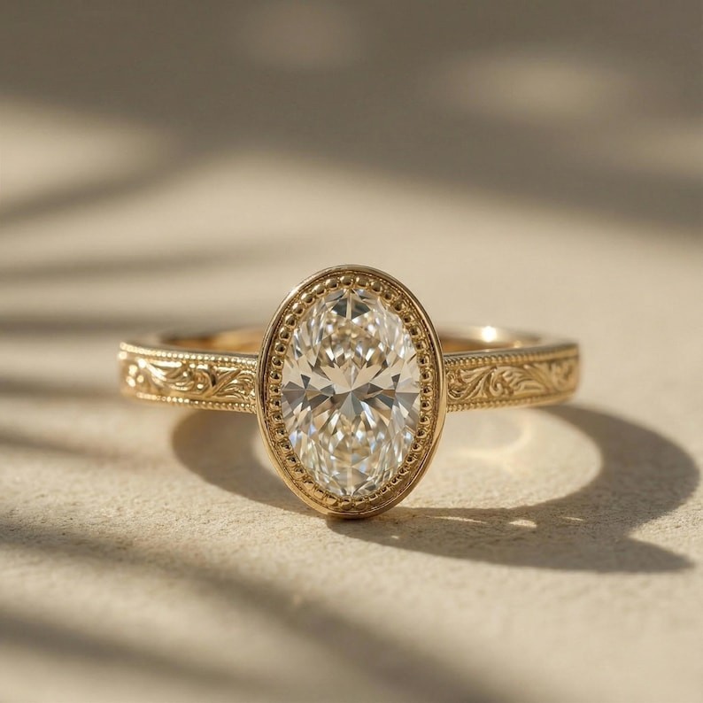 2.0 CTW Oval Cut Moissanite Solitaire Ring Engraved Floral Antique Wedding Ring