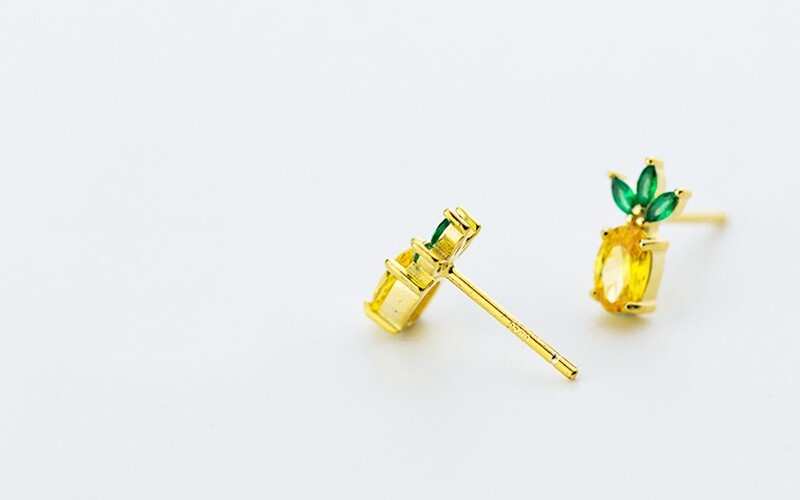 Gold Pinapple Stud Earrings, CZ Stone Stud, Pinapple Pandent Chain Necklace