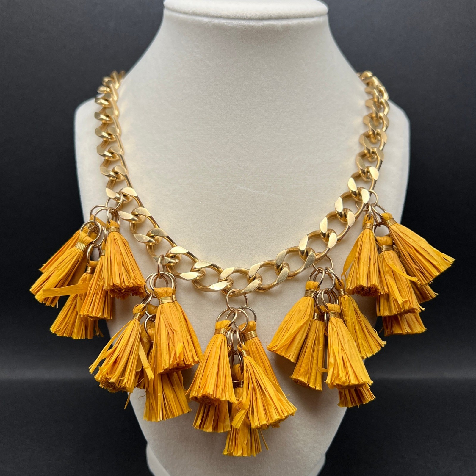 Akola Raffia Tassel Chunky Chain Necklace Uganda Gold Tone Mustard Yellow Boho