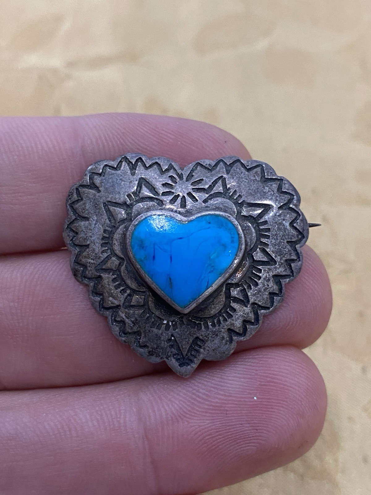 Vintage Sterling Silver 925 Tested Estate Acquired Turquoise Inlay Brooch Pin