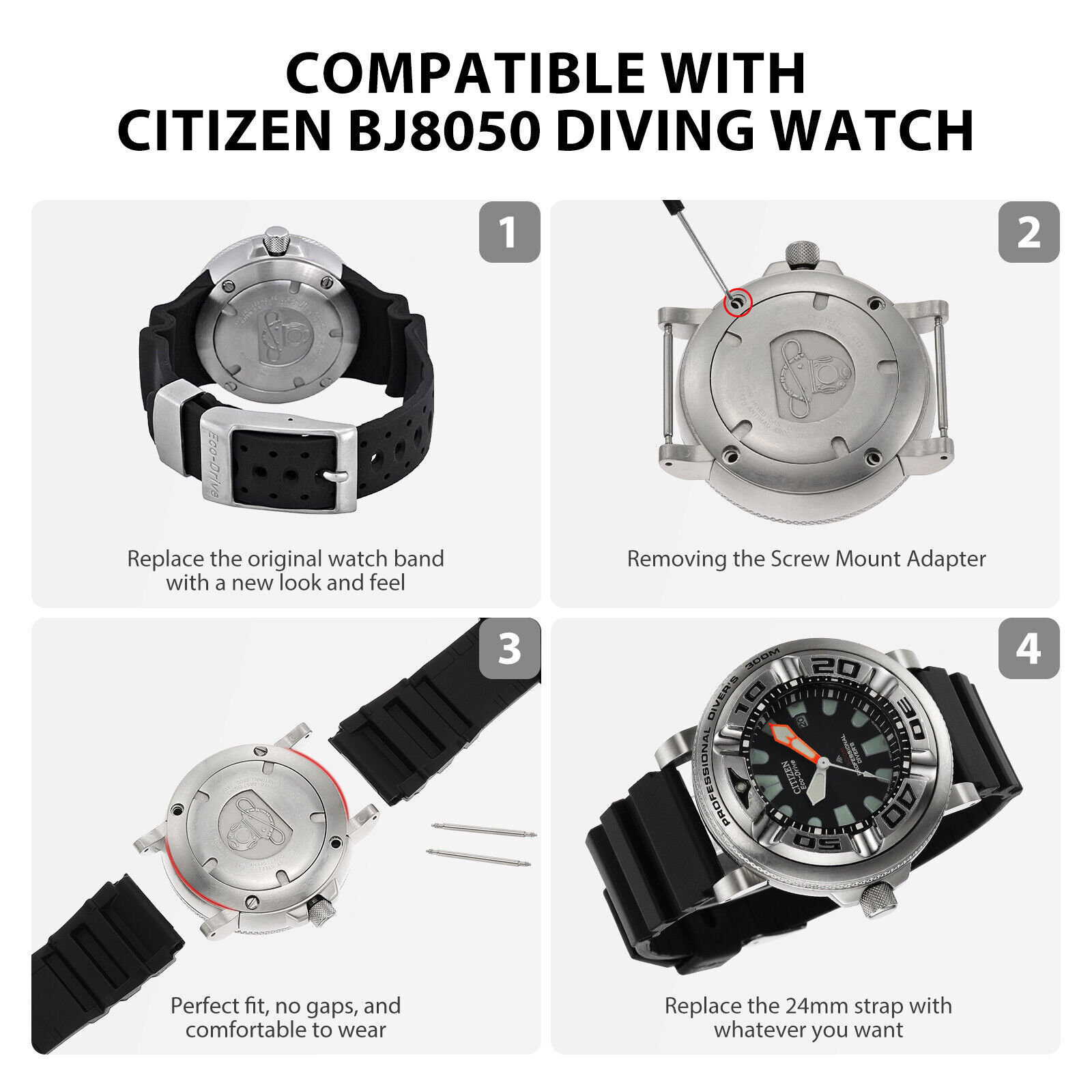 24mm +Adapters For Citizen BJ8050-08E Eco Drive Rubber Watch Strap Band