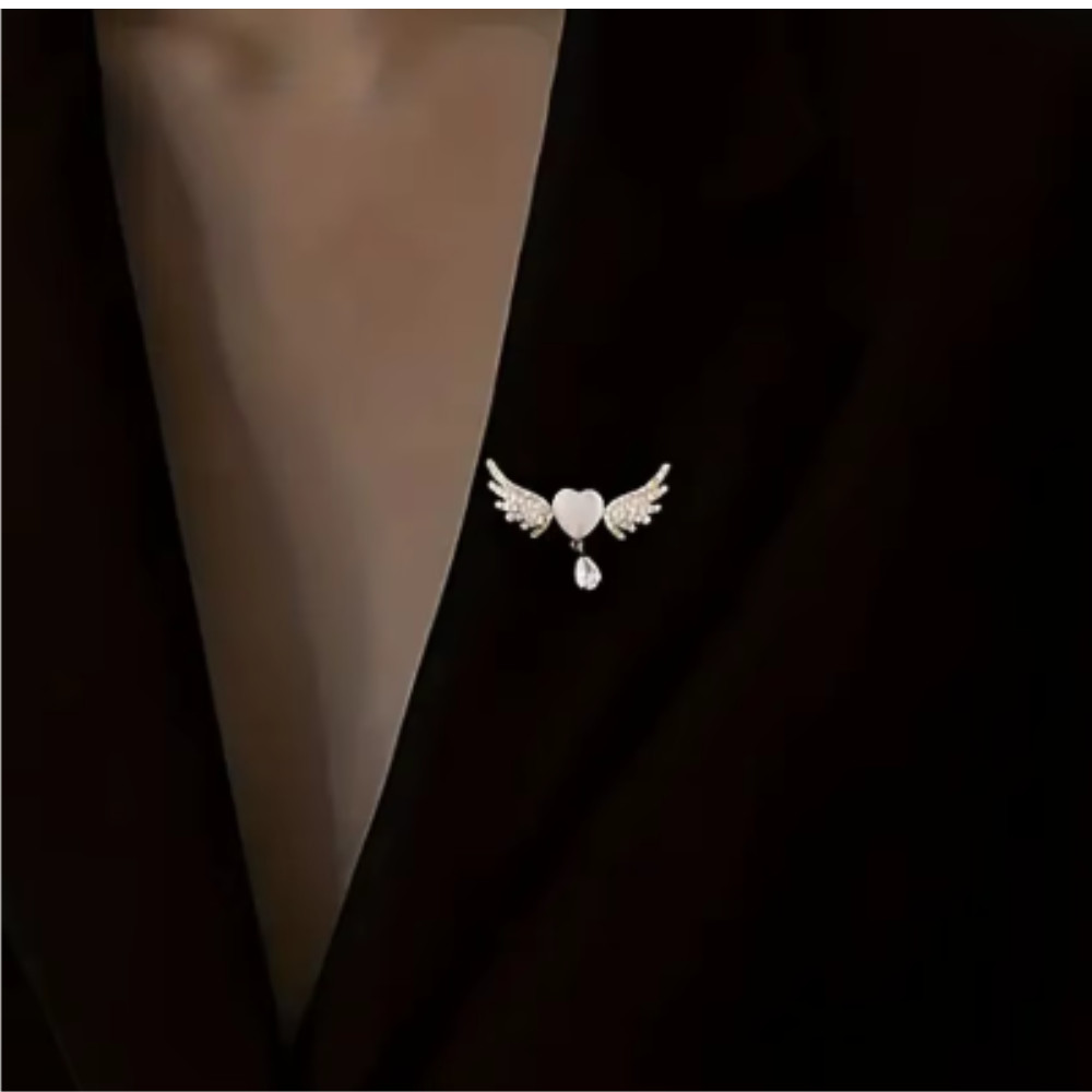 Art Deco Style Enamel Crystal Angel Wings White Heart Brooch Badge Pin Gift USA